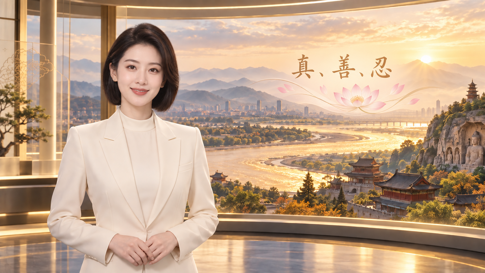 短发虚拟女主播身穿高领内搭与端庄西装，暖金色演播室背景融入莲花、真善忍文字和中原山河古建